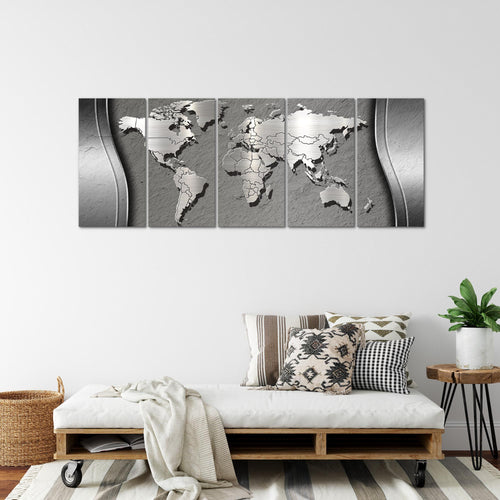Runa Art Wandbild XXL Weltkarte Büro Wohnzimmer 200 x 80 cm Silber 5 Teilig - Made in Germany - 107255b