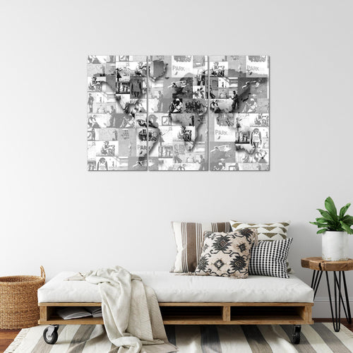 Runa Art Wandbilder Weltkarte Banksy Collage Bild XXL Loft Wohnzimmer Grau Pop Art 120 x 80 cm 3 Teilig 104531c