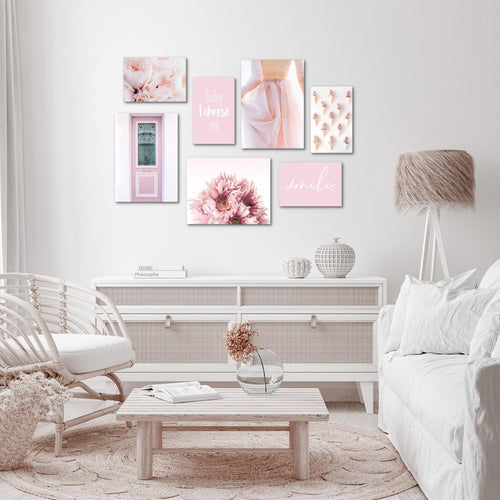 Novart Wandbilder Fashion - KOMPLETT AUFHÄNGFERTIG - Rosa Wohnzimmer Mädchen Teenager - 7 Moderne Mood-Bilder - N008471a