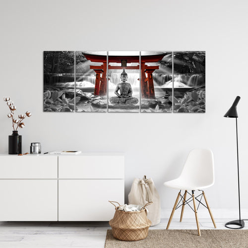 Runa Art Wandbild XXL Feng Shui Buddha Wohnzimmer Schlafzimmer 200 x 80 cm Rot Grau 5 Teilig - Made in Germany - 036455c