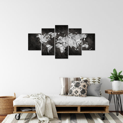 Runa Art Bild Büro Wohnzimmer Weltkarte 5 Teilig Kontinente Schwarz Weiss Wandbilder auf Vlies Leinwand 002953a