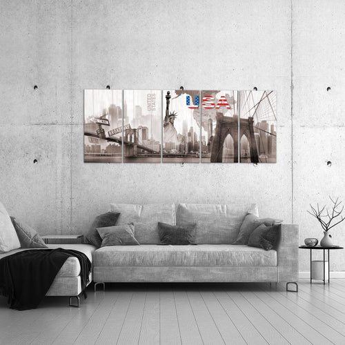 Runa Art Wandbild XXL New York Wohnzimmer Büro 200 x 80 cm Sepia Beige 5 Teilig - Made in Germany - 034755b