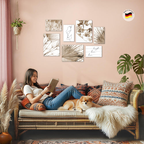 Novart Wandbilder Boho Natur - KOMPLETT AUFHÄNGFERTIG - Line Art Wohnzimmer Schlafzimmer - 7 Moderne Mood-Bilder - N026971a