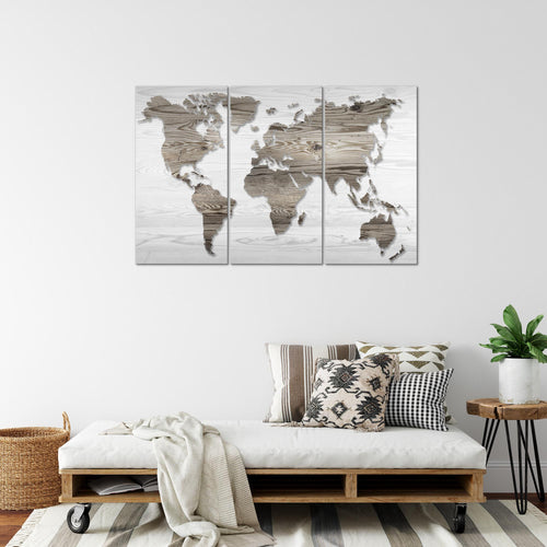 Runa Art Wandbilder Weltkarte Bild XXL Büro Wohnzimmer Schwarz Weiss Holzwand 120 x 80 cm 3 Teilig 035031c