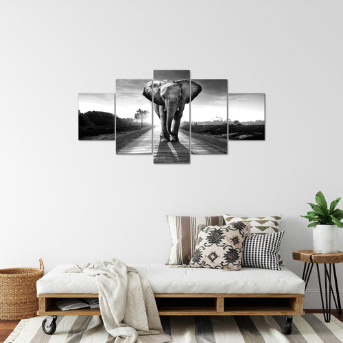 Runa Art Bild Wohnzimmer Schlafzimmer Afrika Elefant 5 Teilig Tiere Schwarz Weiss Wandbilder auf Vlies Leinwand 042653c