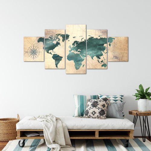 Runa Art - Bilder Weltkarte 200 x 100 cm 5 Teilig XXL Wanddekoration Design Grün braun 026051a