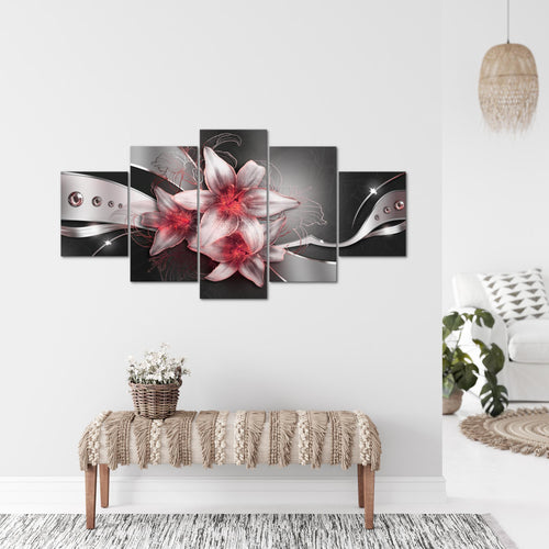 Runa Art - Bilder Blumen Lilien 200 x 100 cm 5 Teilig XXL Wanddekoration Design Schwarz Rot 039651c