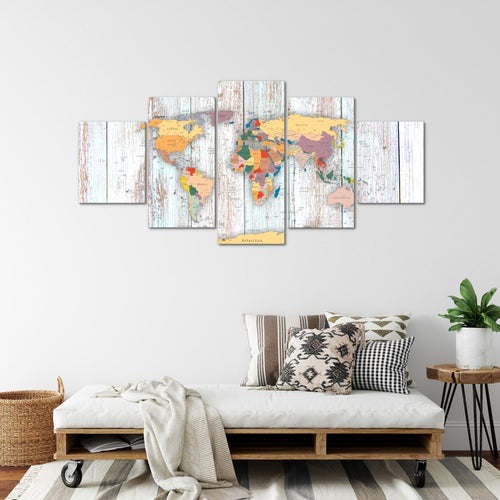 Runa Art - Bilder Weltkarte Holz 200 x 100 cm 5 Teilig XXL Wanddekoration Design Weiss 108751b