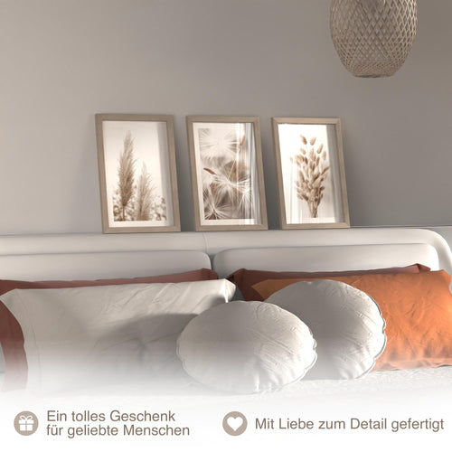 Novart Biler Set Boho Pampasgras - mit Rahmen - Wohnzimmer Schlafzimmer Wanddeko - 3 Wandbilder Beige - N108930aR1
