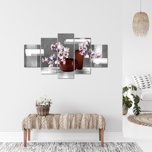Runa Art Bild Wohnzimmer Schlafzimmer Blumen Abstrakt 5 Teilig Blumenvase Grau Rosa Wandbilder auf Vlies Leinwand 035253c