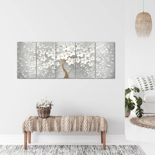 Runa Art Wandbild XXL Blumen Wohnzimmer Schlafzimmer 200 x 80 cm Weiss Gold 5 Teilig - Made in Germany - 039755a