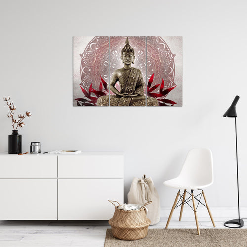 Runa Art Wandbilder Buddha Bild XXL Wohnzimmer Schlafzimmer Grau Rot Orientalisch 120 x 80 cm 3 Teilig 031231a