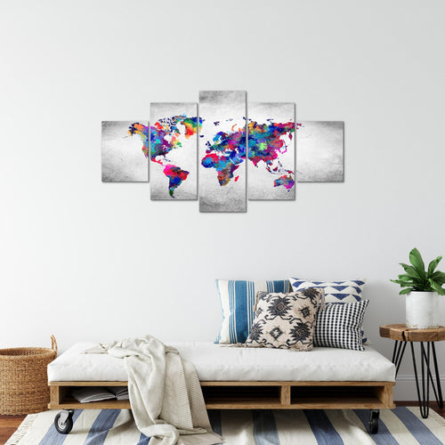 Runa Art Bild Büro Wohnzimmer Weltkarte 5 Teilig Vintage Kontinente Bunt Wandbilder auf Vlies Leinwand 013353b