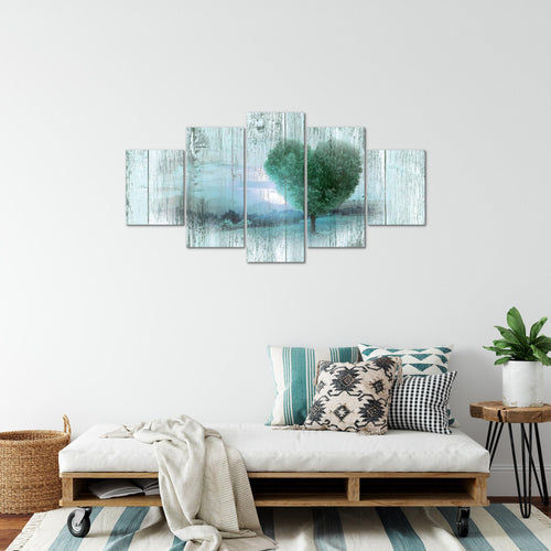 Runa Art Bild Wohnzimmer Schlafzimmer Herbst Vintage 5 Teilig Baum Herz Türkis Wandbilder auf Vlies Leinwand 606553b