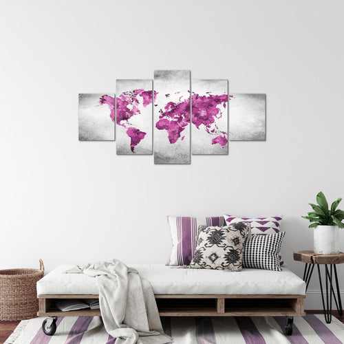 Runa Art Bild Büro Wohnzimmer Weltkarte 5 Teilig Vintage Rosa Grau Wandbilder auf Vlies Leinwand 013353c