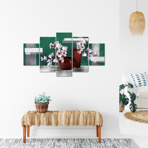 Runa Art Bild Wohnzimmer Schlafzimmer Blumen Abstrakt 5 Teilig Blumenvase Türkis Grau Wandbilder auf Vlies Leinwand 035253b