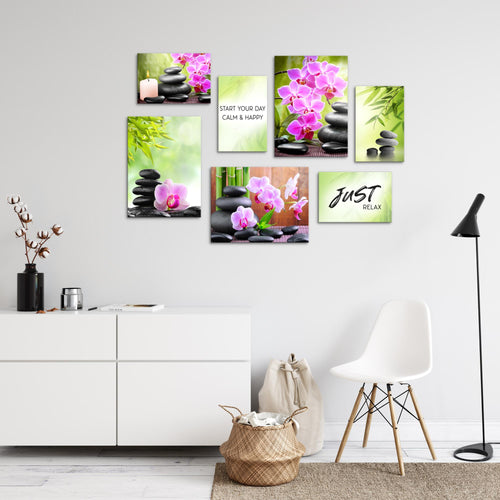 Novart Wandbilder Feng Shui Zen Stein - KOMPLETT AUFHÄNGFERTIG - Grün Lila Wohnzimmer Schlafzimmer - 7 Moderne Mood-Bilder - N003471a