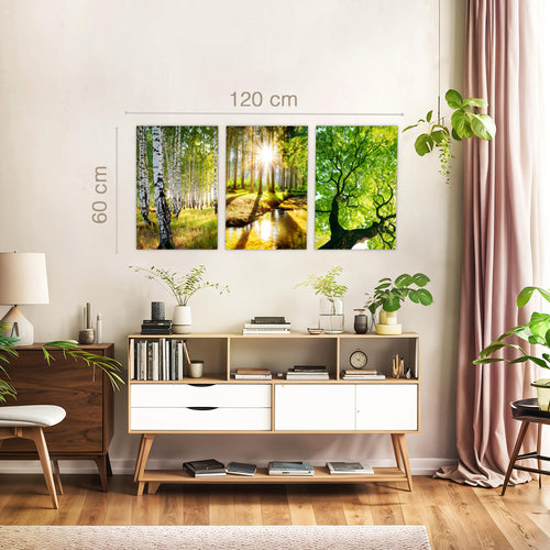 Novart Bilder Set Landschaft - KEIN EXTRA RAHMEN BENÖTIGT - Wandbilder für Wohnzimmer Schlafzimmer Büro - 3 Teilig Deko Waldweg - N036636a