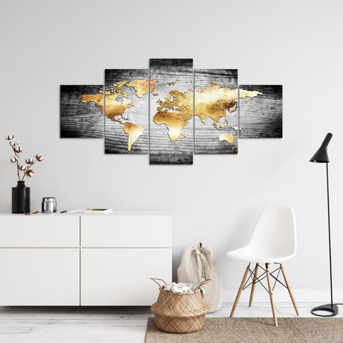 Runa Art - Bilder Weltkarte 200L x 100B cm 5 Teilig XXL Wanddekoration Design Weltkarte Gold 057651a