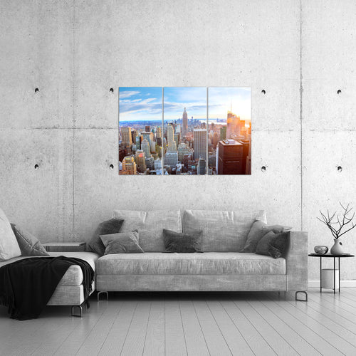 Runa Art Wandbilder New York Bild XXL Wohnzimmer Büro Blau Stadt Skyline 120 x 80 cm 3 Teilig 010231a