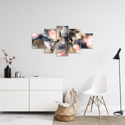 Runa Art Bild Wohnzimmer Schlafzimmer Abstrakt 5 Teilig Pastel blau rosa Gold Wandbilder auf Vlies Leinwand 043853a