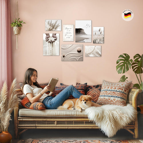Novart Wandbilder Strand Boho - KOMPLETT AUFHÄNGFERTIG - Beige Wohnzimmer Schlafzimmer - 7 Moderne Mood-Bilder - N028171a