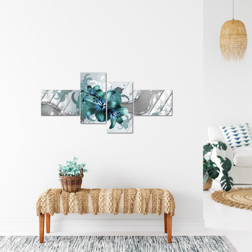 Runa Art Wandbilder Set XXL Blumen LilienWohnzimmer Schlafzimmer Grau Türkis 4 Teilig - Made in Germany - 016545a