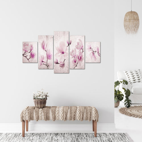 Runa Art Bild Wohnzimmer Schlafzimmer Blumen Magnolien 5 Teilig Abstrakt Grau Rosa Wandbilder auf Vlies Leinwand 007753b