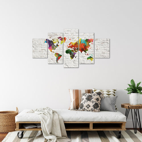 Runa Art Bild Büro Wohnzimmer Weltkarte 5 Teilig Steinwand Grau Bunt Wandbilder auf Vlies Leinwand 106953b