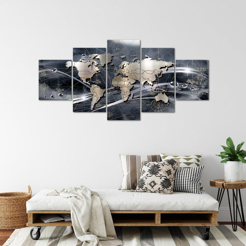 Runa Art - Bilder Weltkarte 200 x 100 cm 5 Teilig XXL Wanddekoration Design Grau 106851c
