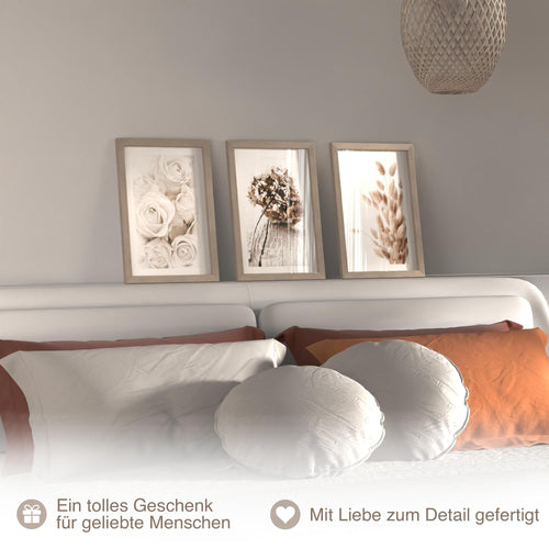 Novart Biler Set Boho - mit Rahmen - Wohnzimmer Schlafzimmer Wanddeko - 3 Wandbilder Beige - N123130aR1
