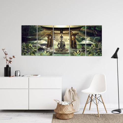 Runa Art Wandbild XXL Feng Shui Buddha Wohnzimmer Schlafzimmer 200 x 80 cm Grün Braun 5 Teilig - Made in Germany - 036455a