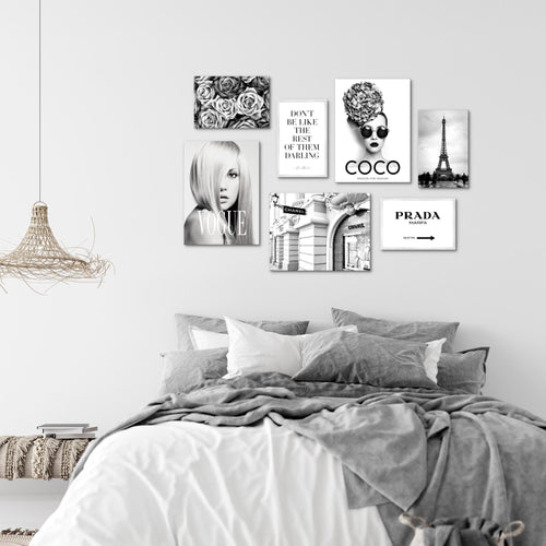 Novart Wandbilder Fashion Coco - KOMPLETT AUFHÄNGFERTIG - Schwarz Weiss Wohnzimmer Schlafzimmer - 7 Moderne Mood-Bilder - N009071a