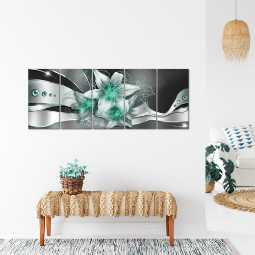 Runa Art Wandbild XXL Blumen Lilien Wohnzimmer Schlafzimmer 200 x 80 cm Schwarz Türkis 5 Teilig - Made in Germany - 039655b