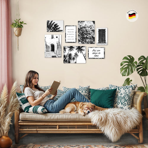 Novart Wandbilder Alte Stadt Palmen - KOMPLETT AUFHÄNGFERTIG - Schwarz Weiss Wohnzimmer Schlafzimmer - 7 Moderne Mood-Bilder - N015071a