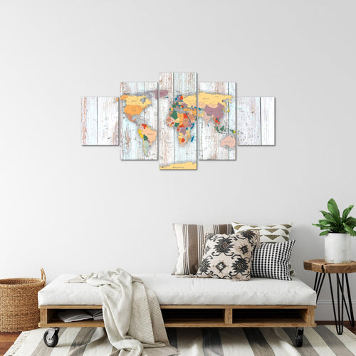 Runa Art Bild Büro Wohnzimmer Weltkarte Holz 5 Teilig Landkarte Weiss Wandbilder auf Vlies Leinwand 108753b