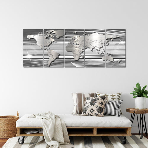 Runa Art Wandbild XXL Weltkarte Büro Wohnzimmer 200 x 80 cm Grau 5 Teilig - Made in Germany - 107955b