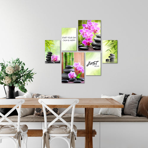 Novart Wandbilder Set Feng Shui Zen Stein Grün Lila - KEIN EXTRA RAHMEN BENÖTIGT -  Modern Deko  - Wohnzimmer Schlafzimmer N003463a