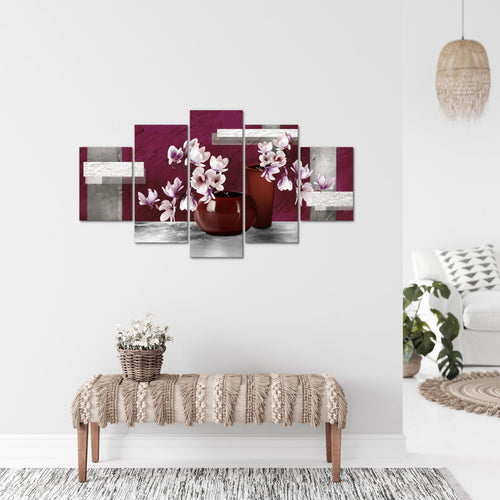 Runa Art Bild Wohnzimmer Schlafzimmer Blumen Abstrakt 5 Teilig Blumenvase Grau Rot Wandbilder auf Vlies Leinwand 035253a