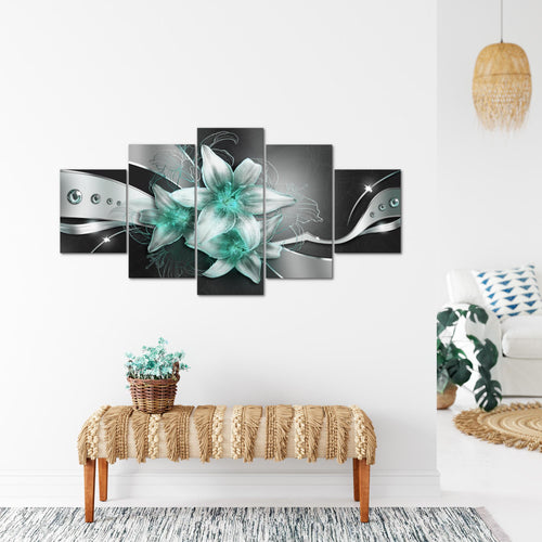 Runa Art - Bilder Blumen Lilien 200 x 100 cm 5 Teilig XXL Wanddekoration Design Schwarz Türkis 039651b