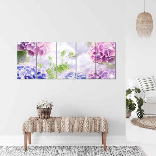 Runa Art Wandbild XXL Blumen Hortensien Wohnzimmer Schlafzimmer 200 x 80 cm Violett Lila 5 Teilig - Made in Germany - 017455b
