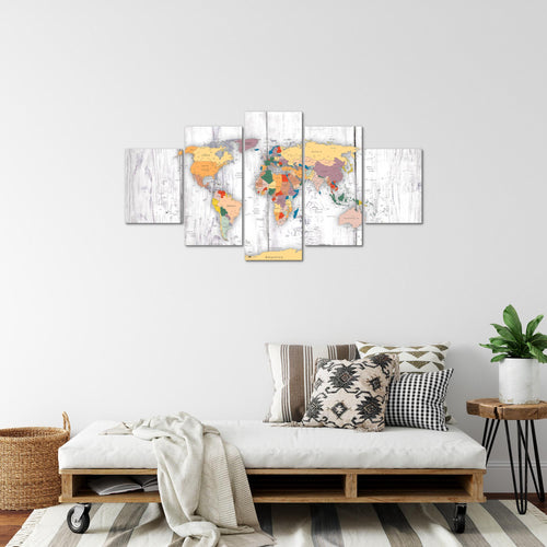 Runa Art Bild Büro Wohnzimmer Weltkarte Holz 5 Teilig Kontinente Weiss Wandbilder auf Vlies Leinwand 108753c