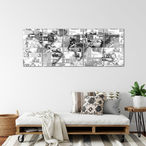 Runa Art Wandbild XXL Weltkarte Banksy Collage Loft Wohnzimmer 200 x 80 cm Grau 5 Teilig - Made in Germany - 104555c