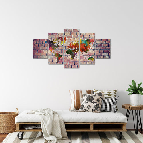 Runa Art Bild Büro Wohnzimmer Weltkarte 5 Teilig Ziegelwand Rot Bunt Wandbilder auf Vlies Leinwand 106953c