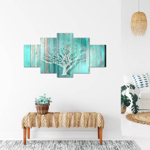 Runa Art Bild Wohnzimmer Baum Abstrakt 5 Teilig Holzmotiv Türkis Grau Wandbilder auf Vlies Leinwand 039953c
