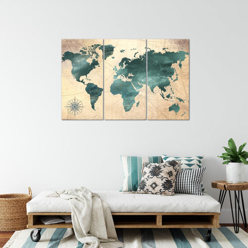 Runa Art Wandbilder Weltkarte Bild XXL Büro Wohnzimmer Grün braun Antik 120 x 80 cm 3 Teilig 026031a