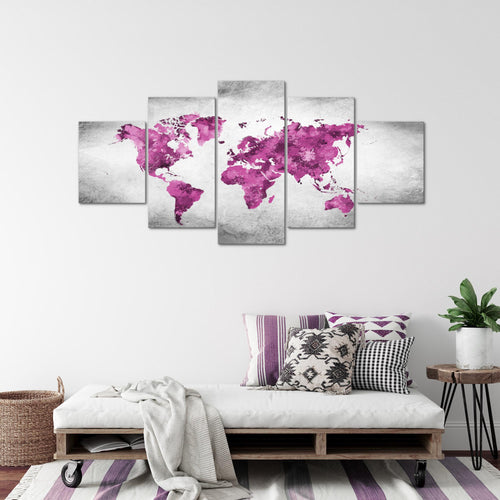 Runa Art - Bilder Weltkarte 200 x 100 cm 5 Teilig XXL Wanddekoration Design Rosa Grau 013351c