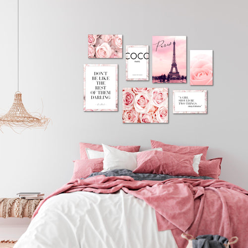 Novart Wandbilder Blumen Coco - KOMPLETT AUFHÄNGFERTIG - Beauty Rosa Zitate Mädchenzimmer Teenager - 7 Moderne Mood-Bilder - N016171a