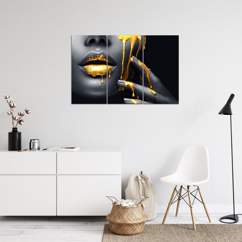 Runa Art Wandbilder Lippen Gold Schwarz Bild XXL Wohnzimmer Schlafzimmer Frau Kosmetik Fashion 120 x 80 cm 3 Teilig 041531a