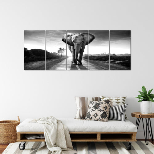 Runa Art Wandbild XXL Afrika Elefant Wohnzimmer Schlafzimmer 200 x 80 cm Schwarz Weiss 5 Teilig - Made in Germany - 042655c